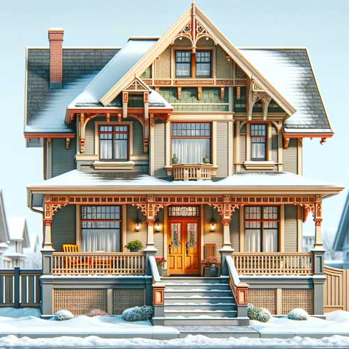 A Charming Two Story House With A Gabled Roof And Two Separate Entrances Each Adorned With Ornate Wooden Trims And A Cozy Front Porch -