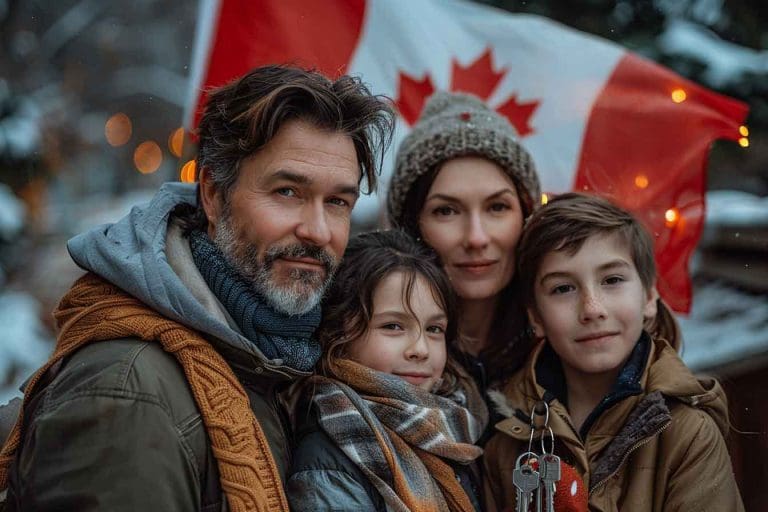 A Canadian family dad mom kids standing happily in bd01269d ab4d 455c 9c20 62496caa3e99 2 - Real Estate News Blog A Canadian family standing happily in front of their new home, holding keys. The house is a charming two-story with a well-kept lawn. In the background, there's a Canadian flag. The family looks relieved and happy, symbolizing financial stability and success. A soft, warm light illuminates the scene, creating a sense of comfort and security.